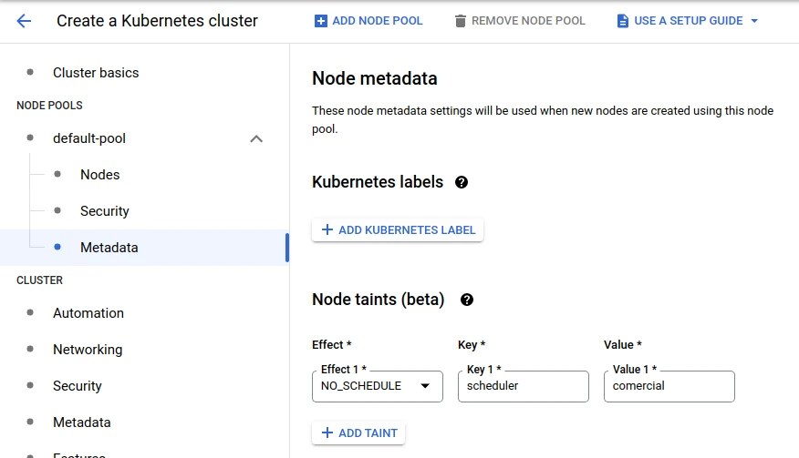 Criando node pool com taint